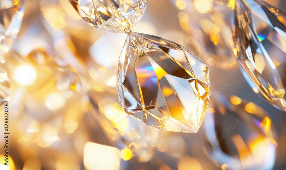 Poster abstract macro shot of glowing chandelier crystals with soft golden reflections creating a luxurious