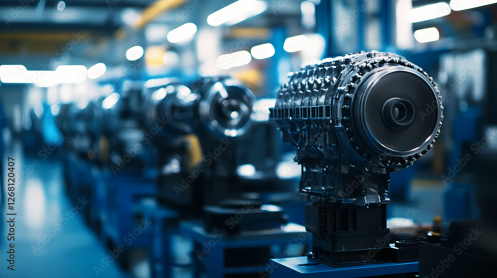 Aufkleber precision machined engine parts: a row of gleaming engine components, meticulously crafted in a stat
