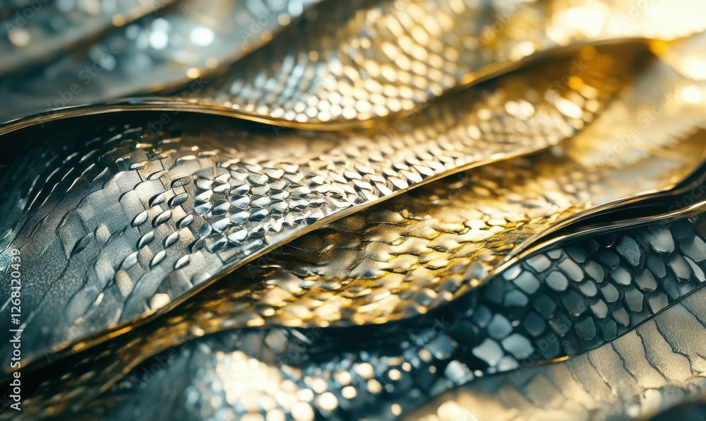 Poster macro shot of futuristic metallic textures in gold and silver, arranged in abstract wave-like patter