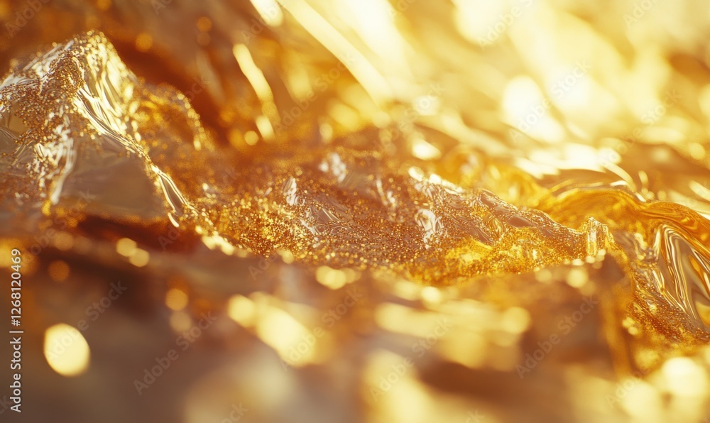 Poster macro shot of glittering gold particles on a smooth surface, illuminated by soft light creating a lu
