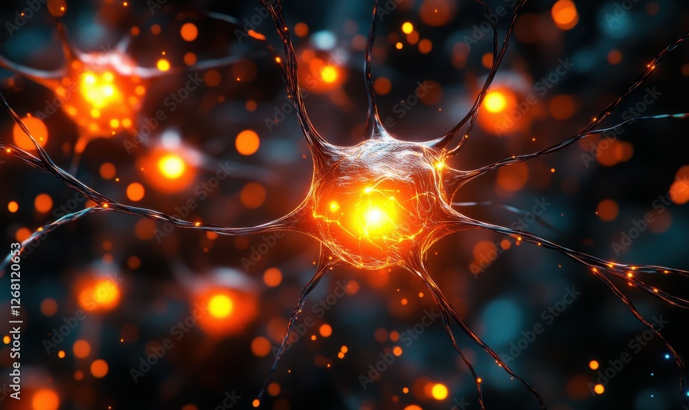 Poster abstract neural network concept with glowing nodes and vibrant orange pathways, advanced ai theme hi