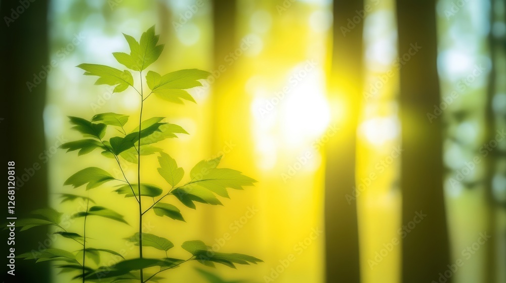 Poster a serene forest scene with sunlight filtering through trees and leaves.