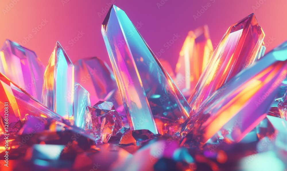 Poster abstract rendering of colorful crystals glowing under soft neon light, futuristic and elegant design