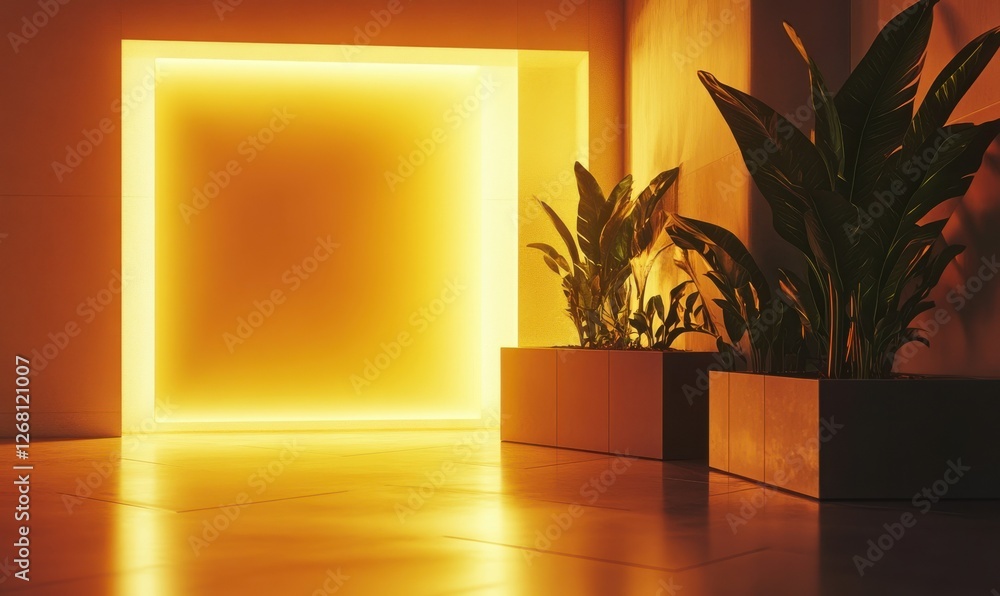 Poster minimal lightbox with a soft golden glow illuminating a dark modern room, sharp geometric design and