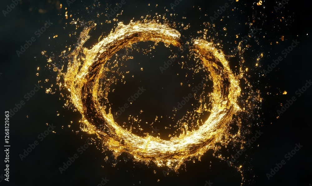 Poster abstract splash of golden liquid forming a circular motion, soft glowing light enhancing the metalli