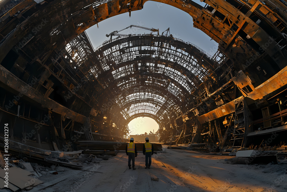 Poster sunset at the construction site: two figures stand silhouetted against the setting sun within a vast