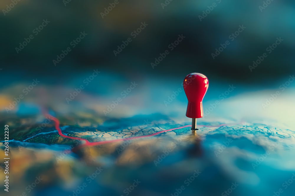 Poster pinpointing a destination: a single red pushpin marks a chosen location on a detailed map, symbolizi