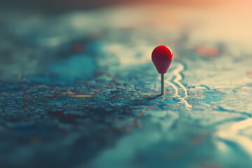 A Destination Marked: A close-up, textured, vintage-style image of a red pin marking a destination on a faded map with a warm, sun-kissed glow.