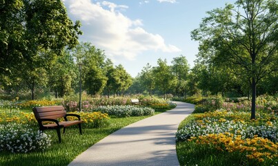 Lush green park with blooming flowers, soft pathways, and benches under a clear summer sky, evoking relaxation and nature's beauty.