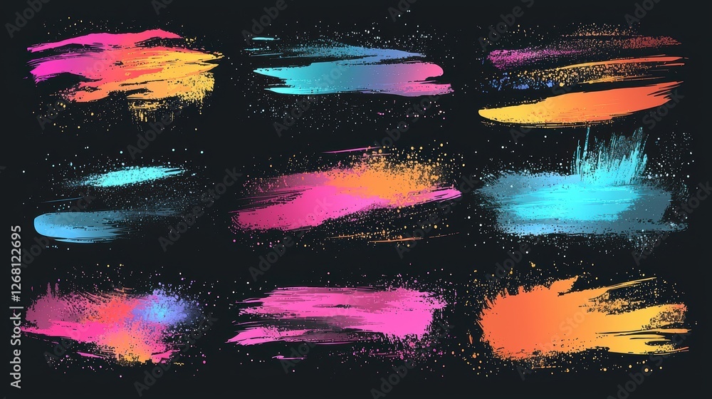 Poster colorful brush strokes with splashes on a dark background for design use.