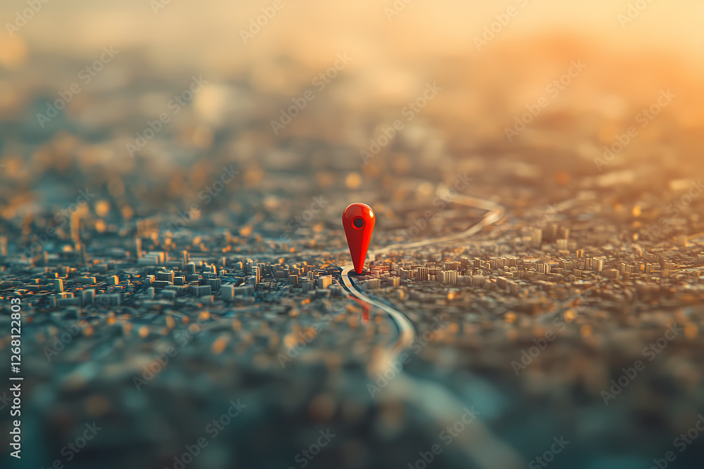 Poster red pin on map: a single red pin sits at the end of a winding path on a vintage map, symbolizing the