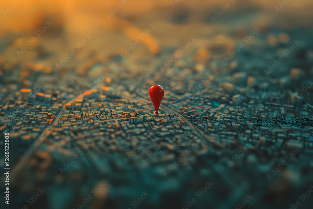 Poster red pin on city map: a single red pin marks a precise location on a detailed, textured city map, cre