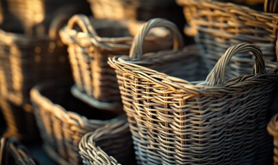 Close-up of woven wicker baskets in natural tones, arranged aesthetically under warm ambient lighting.