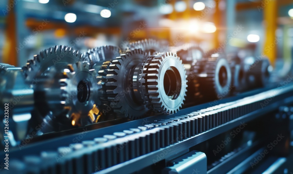 Poster close-up of gears and mechanical components in motion inside a modern production line, symbolizing p