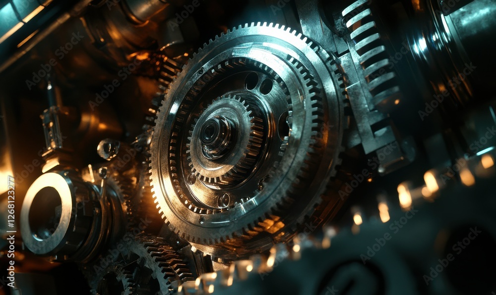 Poster close-up of gears and mechanical parts inside a large machine, with detailed textures illuminated by