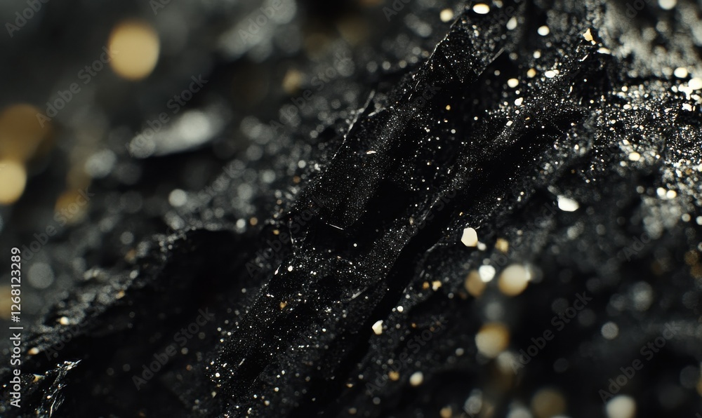 Poster macro shot of black droplets on a metallic surface, revealing intricate textures with subtle reflect