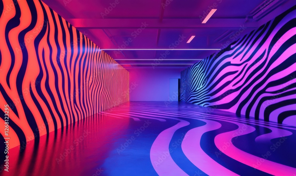 Poster modern art installation featuring dynamic abstract patterns in neon colors, displayed in a minimalis