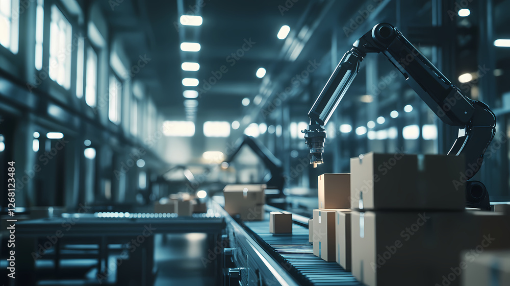 Aufkleber automated warehouse: robotic arms efficiently sort and move cardboard boxes along a conveyor belt in