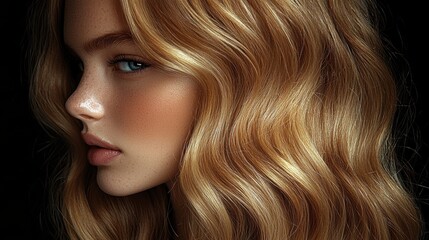 Obraz premium A close-up profile of a young woman with wavy blonde hair against a dark background.