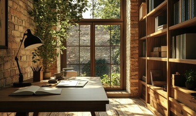 Fototapeta premium Modern home office with a clean desk, wooden shelves, and large windows overlooking a peaceful courtyard.
