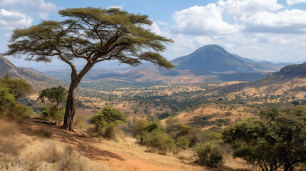 Naklejka premium Majestic african savanna landscape with acacia tree and distant mountains