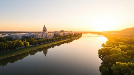 Obraz premium State Capitol building Reflecting in River at Sunrise
