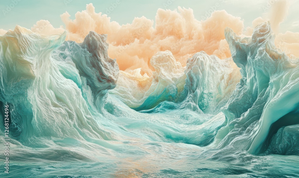 Poster digital art with fluid shapes in pastel colors, soft gradients creating a smooth, flowing visual com