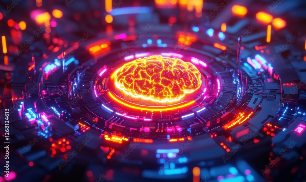 Poster digital concept of a glowing ai brain surrounded by intricate data streams, vibrant neon hues highli