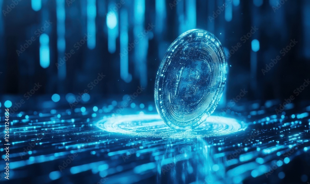 Poster digital crypto coin floating in a futuristic blue space, glowing holographic data streams forming a 