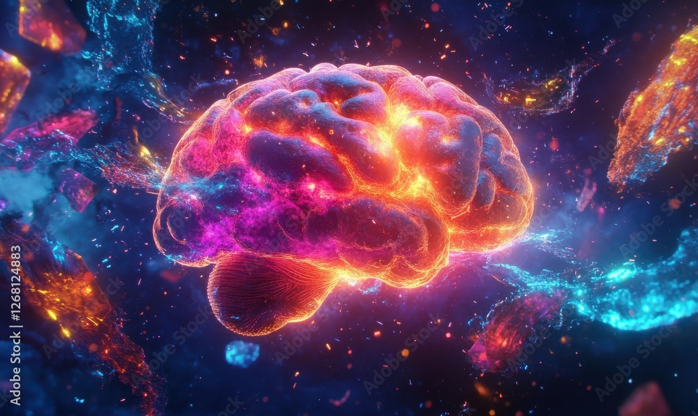 Aufkleber digital depiction of a glowing brain surrounded by data particles, vibrant neon colors blending dyna