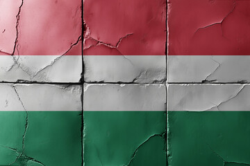 colourful flag of hungary on a massive old, vintage stone wall with a cracks background. concept. Generative Ai