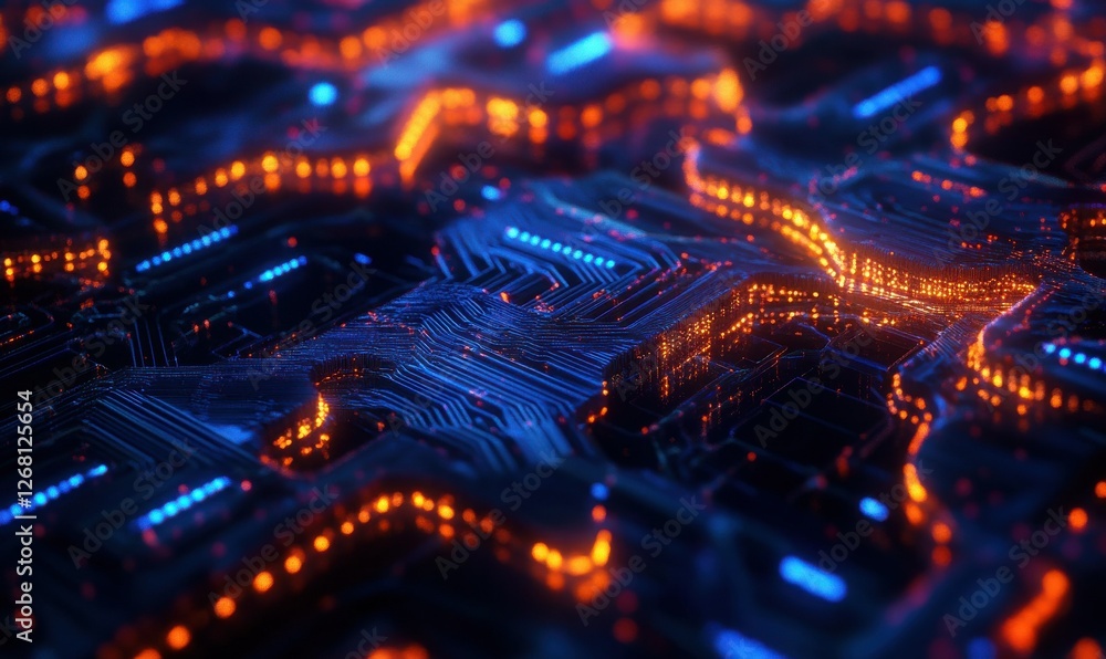 Poster digital visualization of a glowing blockchain network, intricate nodes connected by vibrant blue and