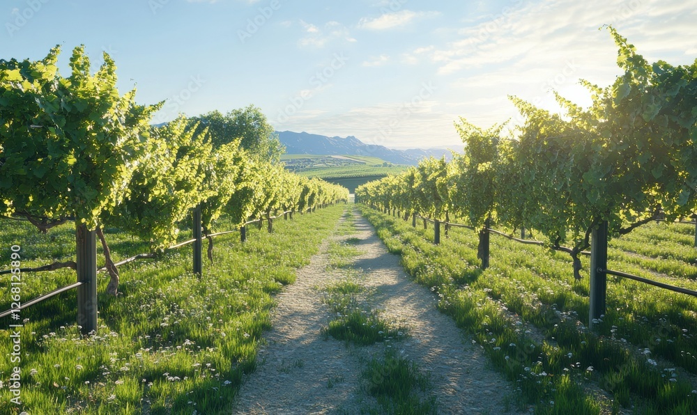 Poster sunlit vineyard with rows of grapevines stretching into the distance, styled to emphasize the natura