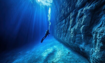 Diver exploring a glowing underwater canyon, soft blue light illuminating the cliffs and surrounding sea life, peaceful aquatic exploration, ethereal tones