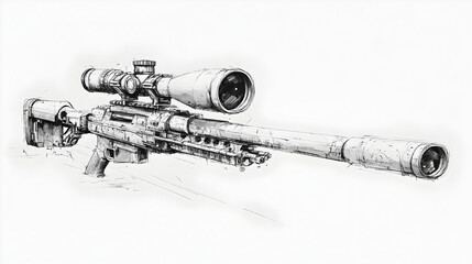 Black and White Sniper Rifle Illustration: Precision Firearm with Tactical Scope for Long-Range Marksmen and Gun Collectors