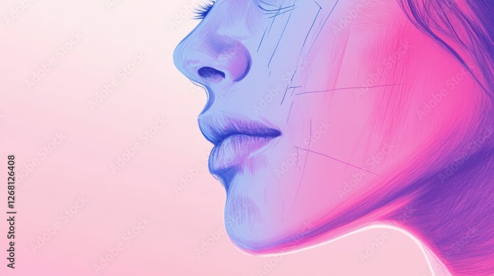 Leinwandbilder Female profile with artistic color gradients showcasing features and subtle cracks during artistic expression. Generative AI