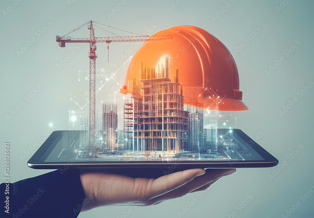 Poster digital architecture: a hand holding a tablet displaying a 3d model of a building under construction
