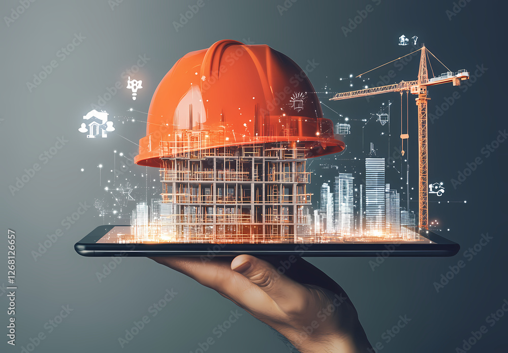 Aufkleber smart construction planning: a hand holds a tablet displaying a 3d model of a building under constru