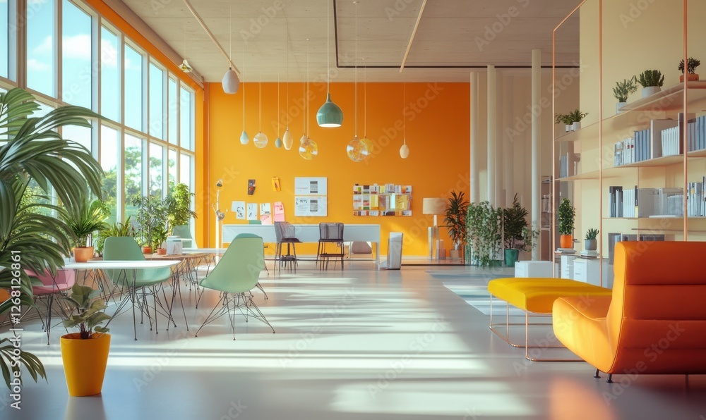 Aufkleber dynamic startup office with a vibrant color scheme, innovative projects in progress, and energetic t