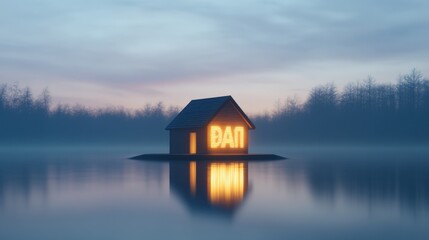 Fototapeta premium house on water with illuminated 'dan' sign at dusk