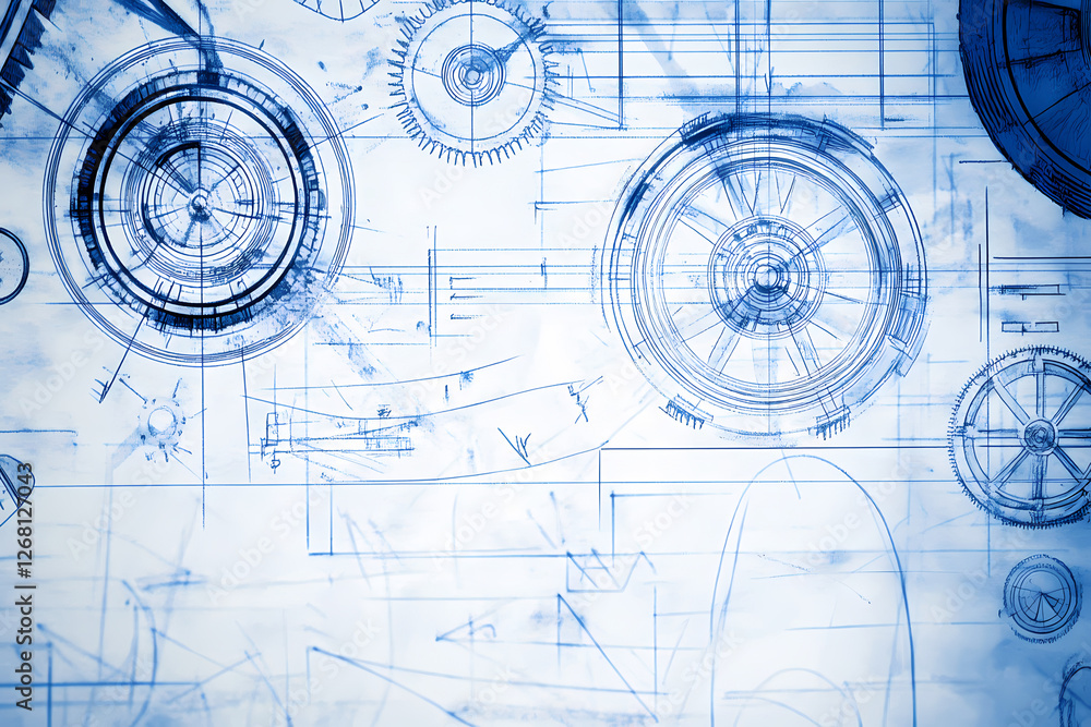 Aufkleber blueprint of innovation: an abstract image featuring overlapping technical drawings of gears, cogs, 