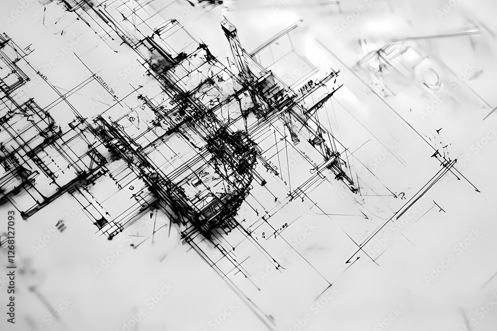 Poster architectural sketch: abstract lines and shapes converge to form a complex, intriguing architectural
