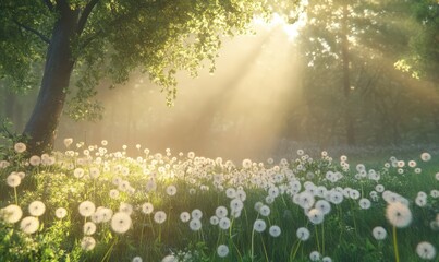 Obraz premium Whimsical meadow filled with dandelions glowing in soft sunlight, creating an enchanting natural scene of peace and tranquility