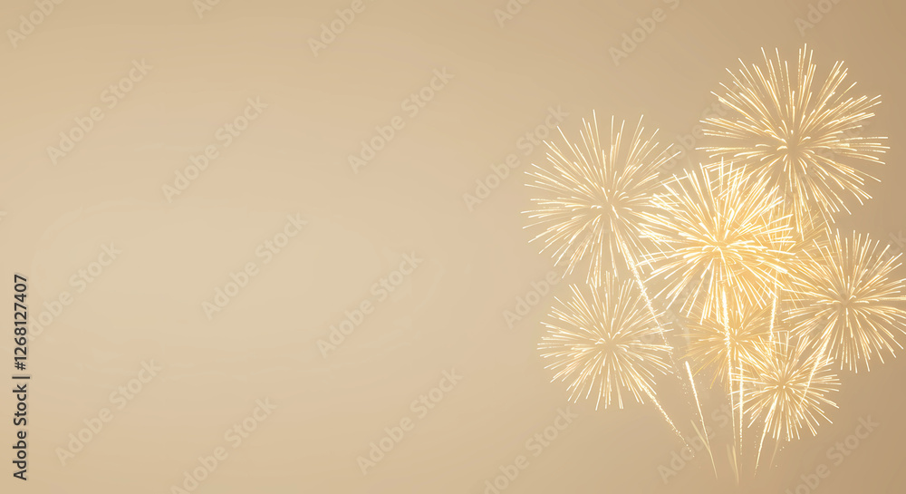 Poster golden fireworks on a beige background, creating a festive atmosphere with ample copy space, generat