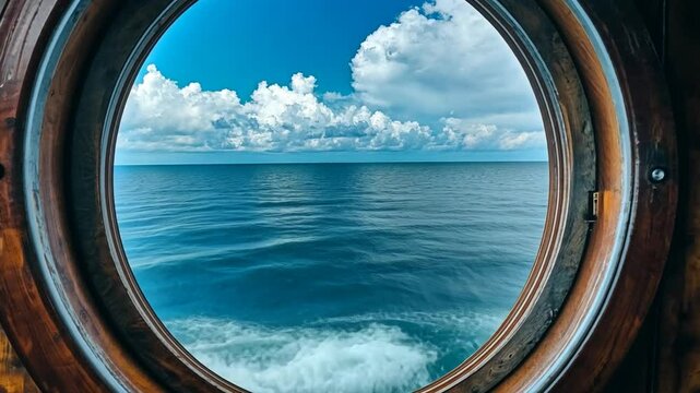 Ocean View Through Porthole, Calming Blue Water and Sky Motion Background