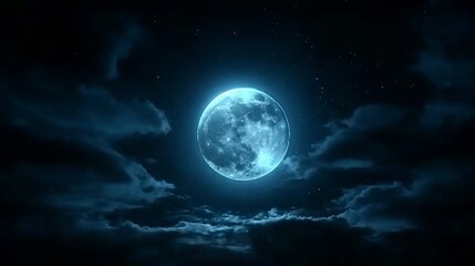 Fototapeta premium Full blue moon shining brightly in a dark night sky with clouds and stars.