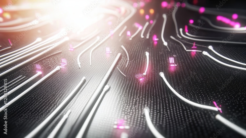 Poster abstract digital design with glowing lines and dots on a dark background.