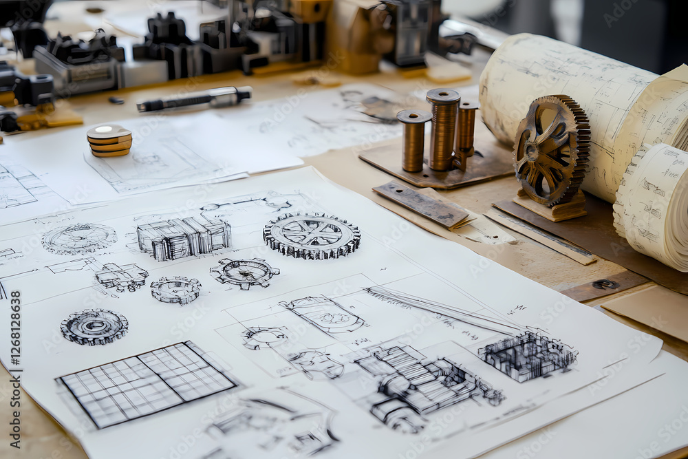 Poster engineering drawings on desk: detailed technical drawings of gears and mechanical components lie spr