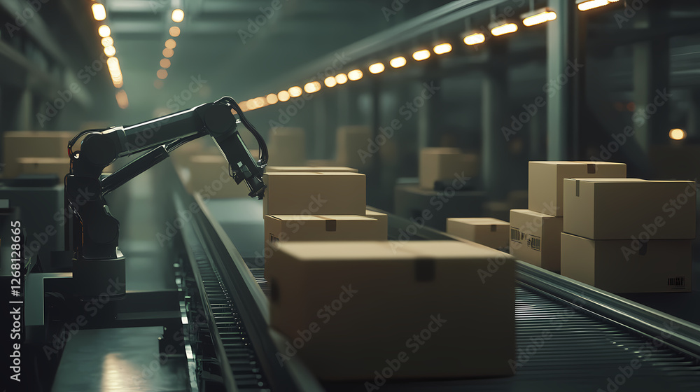 Poster automated efficiency: a robotic arm deftly maneuvers cardboard boxes on a conveyor belt within a mod