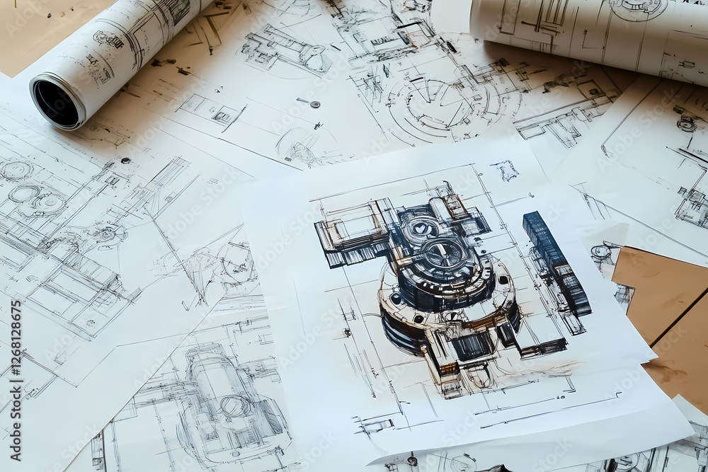 Poster mechanical engineering blueprint: a detailed engineering blueprint for a complex mechanical device l